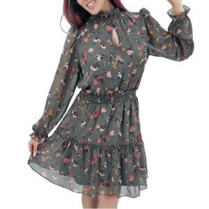 ANTHROPOLOGIE DREW womens DRESS green FLORAL gold SHEER smocked CHIFFON SIZE M